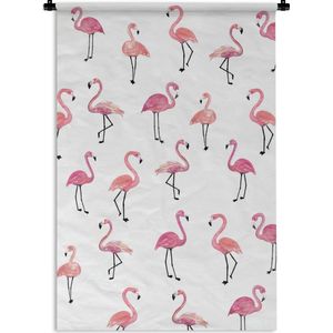 Wandkleed FlamingoKerst illustraties - Patroon van roze flamingo's op een witte achtergrond Wandkleed katoen 120x180 cm - Wandtapijt met foto XXL / Groot formaat!