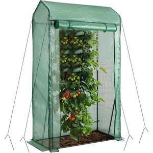 COSTWAY Broeikas voor tomaten, 100 x 50 x 170 cm, foliekas met PE roosterfolie, tuinkas met oprolbare deur met ritssluiting, tomatenhuis klein en beloopbaar, stalen frame (groen)