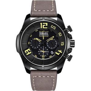 Chronograaf Heren Horloge Zwart stalen kast Bruin Leder band en Gele details | SMAEL 9075A22 | Waterdicht |Analoog | Mud | Shock bestendig | Leger | Timer | Master