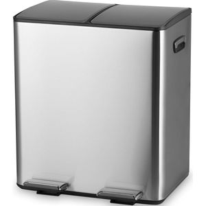 Bayt Prullenbak - Prullenbak 60 Liter (2x30) - Vuilnisbak 60 Liter - Pedaalemmer 60 Liter - Prullenbak Afvalscheiding - Prullenbak 2 Vakken - Afvalbak - RVS - Zilver