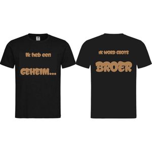 Shirt Aankondiging zwangerschap ""Ik heb een GEHEIM..."" op voorkant ""Ik word grote BROER"" op achterkant | korte mouw | Zwart/cappuccino | maat 134/140 zwangerschap aankondiging bekendmaking Baby big bro brother Grote Broer