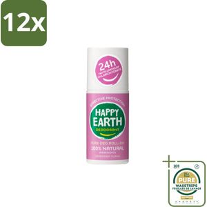 Happy Earth – Deodorant Roll-On – 100% Natuurlijk Lavender Ylang – 75 ml - Voordeelverpakking - 12 stuks - Lavendel - Ylang-ylang