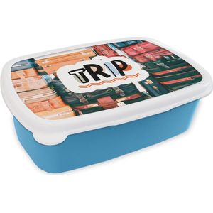 Broodtrommel Blauw - Lunchbox - Brooddoos - Koffers - Zomer - Quotes - 18x12x6 cm - Kinderen - Jongen