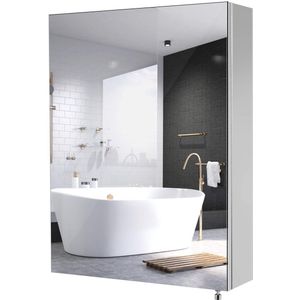 Badkamerspiegelkast 45 x 60 x 13 cm grijs roestvrij staal IP44 waterdicht voorgemonteerd 3 compartimenten badkamerkast hangende spiegel HMTM-020