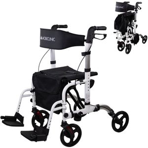 Mobiclinic Ibiza - Rollator - Met voetsteunen - Looprek - Opvouwbaar - Aluminium - Wandelstokhouder - Remmen op handgrepen - 360º wielen - Grote mand - In hoogte verstelbaar - Wit