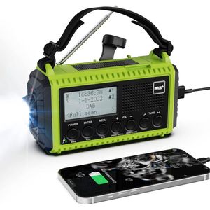 Zwengelradio, DAB/DAB+/FM, Draagbare noodradio, 5000 mAh, Oplaadbare Powerbank, Radio, Werkt op Batterijen, Zonne-Radio, Dynamo-Radio met Zaklamp en Leeslamp, IPX4, SOS-Alarm voor Outdoor, Camping