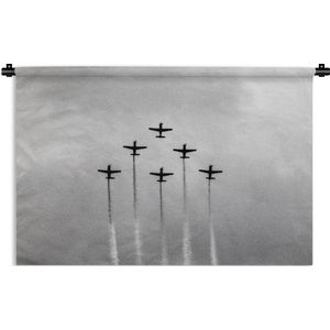 Wandkleed - Wanddoek - Vintage - Vliegtuig - Lucht - Wolken - Zwart wit - 60x40 cm - Wandtapijt
