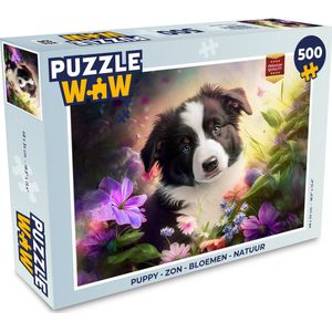 Puzzel Puppy - Zon - Bloemen - Natuur - Bordercollie - Hond - Legpuzzel - Puzzel 500 stukjes