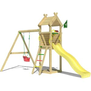 Jungle Gym speeltoestel van grenen hout - Jungle Tent met gele glijbaan - Tuin speeltoestel voor buiten met zandbak, schommel en speelhuisje