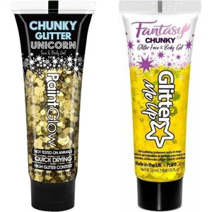 Toppers - Paintglow Chunky Glittergel voor lichaam en gezicht - 2 tubes - goud en goudgeel - 12 ml