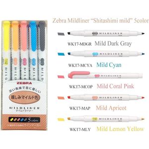 Zebra Mildliner Set : Vriendelijke kleuren - Dubbele stift - 5 stuks - Bullet journal – Stift