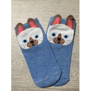 Leuke dieren enkelsokken Catroon style sokken - Lichtblauw met wit - Unisex Maat 35-39