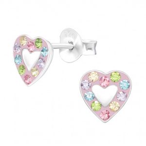 Oorbellen meisjes zilver | Zilveren oorstekers, roze hartje met gekleurde kristallen