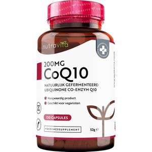 Nutravita CoQ10 200mg - 120 Veganistische Capsules van Hoog Sterkte Co-enzym Q10 (4 maanden voorraad) - 100% Puur en Natuurlijk Gefermenteerd Ubiquinone Co-enzym - Geen Synthetische Toevoegingen