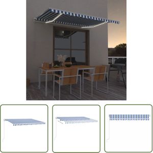 The Living Store Luifel handmatig uittrekbaar met LED 450x350 cm blauw en wit - Uitschuifbare Luifel - Buitenluifel - Zonwering - Veranda Scherm - Terrassenscherm