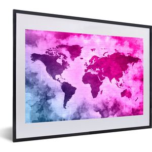 Fotolijst incl. Poster - Wereldkaart - Blauw - Roze - 60x40 cm - Posterlijst