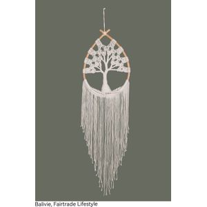 Balivie - Wandkleed - Macramé - Tree of Life - Hand geknoopt katoen binnen een frame van Rotan in druppel vorm - Wit - B 36 cm D 2 cm L 120 cm