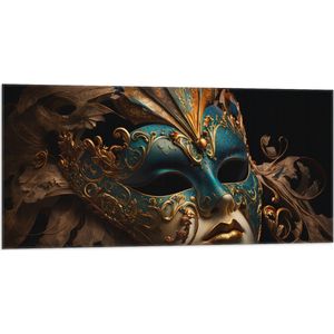 Vlag - Venetiaanse carnavals Masker met Blauwe en Gouden Details tegen Zwarte Achtergrond - 100x50 cm Foto op Polyester Vlag