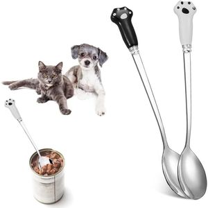Set van 2 roestvrijstalen voedingslepels met lange steel en glas katpootje, ideaal voor het voeren van honden en katten met stevige en hygiënische lepelvorm