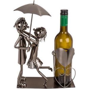 Wijnfleshouder Liefdespaar met Paraplu | Wijnrek | Wijn accessoires | Wijnhouder | Metaal | Wijn cadeau | Regen | Regendans