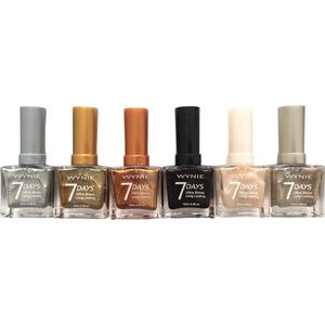 Wynie - 6 Flesjes Nagellak 7 Days Ultra Shine Long Lasting - Mini Glitters/Shimmer/Metallic - Goud/Zilver/Zwart/Wit - 1 Set met 6 flesjes