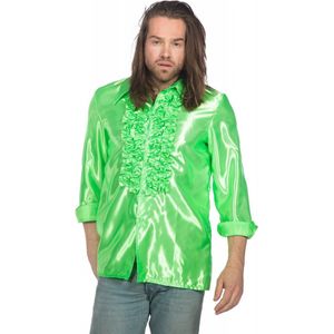 Jaren 80 & 90 Kostuum | Groene Ruchesblouse Satijn Foute Neon Disco | Maat 64 | Carnaval kostuum | Verkleedkleding