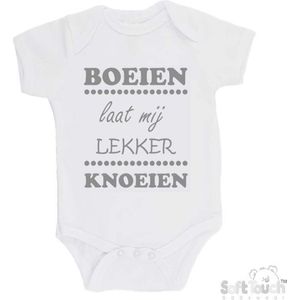 100% katoenen Romper ""Boeien laat mij lekker knoeien"" Unisex Katoen Wit/grijs Maat 62/68