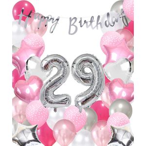 Snoes Ballonnen 29 Jaar Pink Blush Silver Mega Ballon - Compleet Feestpakket 29 Jaar - Verjaardag Versiering Slinger Happy Birthday – Folieballon – Latex Ballonnen - Helium Ballonnen - Zilver en Roze Verjaardag Decoratie