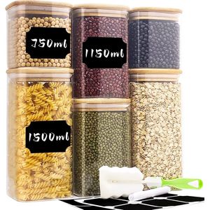 Glazen voorraadpotten 6-delige set 750 ml / 1150 ml / 1500 ml voorraadpotten met deksel vierkant grote glazen bak voorraadpot met houten deksel voorraadpotten keuken voor pasta, ontbijtgranen, bonen, cornflakes