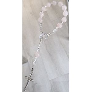 Rozenkrans - Tientje - Paternoster, Gemaakt met o.a. Swarovski kristallen en Rozenkwarts kralen (gebedssnoer, kerst, eerste communie, geloof, ketting, Hanger, kruisteken, kruis, meditatie, mediteren, gebed, gebeden, spiritueel)