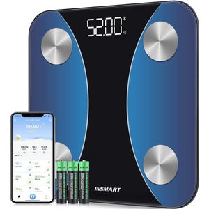 StayPowered Digitale Personenweegschaal - Nauwkeurige Gezondheidsmonitoring met App - 13 Lichaamsgegevens zoals Vetmassa en Spiermassa - Bluetooth - Hoge Precisie - Max 180 kg - Inclusief Batterijen - Blauw - Levering Sneller dan Aangegeven!