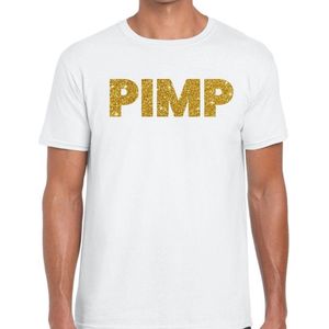 Pimp gouden glitter tekst t-shirt wit heren - heren shirt Pimp L