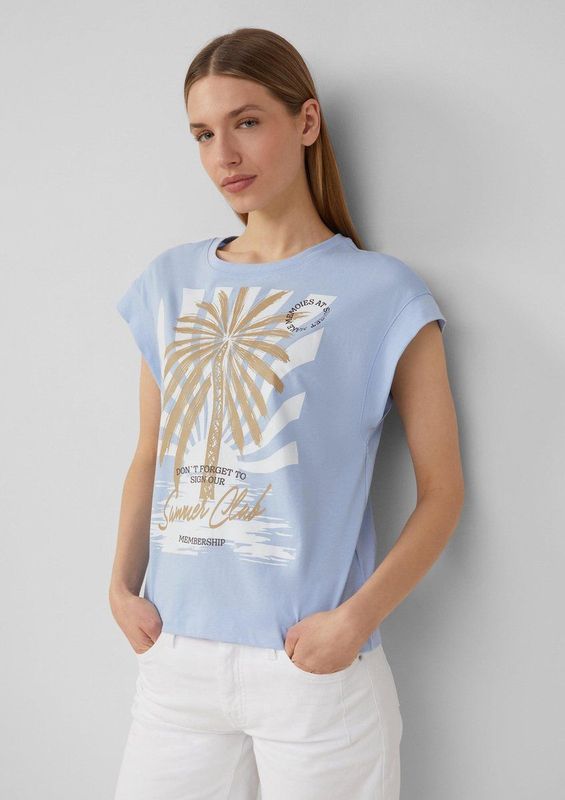 s.Oliver - Shirt - Beige - Ronde Hals - Kwartmouw - Losse Pasvorm