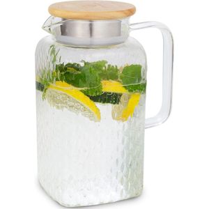 lazen karaf met deksel (1,5 l) en zeef in schenktuit, waterkan met deksel, karafglas met deksel van stevig borosilicaatglas, waterkaraf, Gluggle Jug, glazen karaf