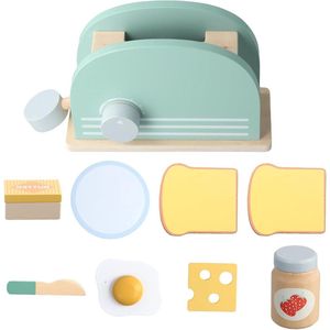 Houten broodrooster pop-up speelgoed met toast, spiegelei en meer - 9 delige set(Kinderkeuken accessoires)