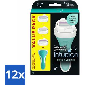 12 x Wilkinson Sword - Navulmesjes - Intuition 2-in-1 Sensitive Care - 3 mesjes - Vrouwen Scheermes - Scheermes Voor Gevoelige Huid - Scheermes Met Schuim - Scheermes 2 In 1 - Wilkinson Sword Intuition