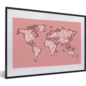 Fotolijst incl. Poster - Wereldkaart - Roze - Letters - 60x40 cm - Posterlijst