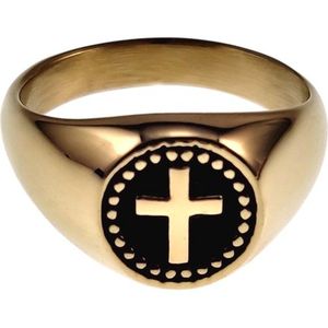 Zegelring Unisex - Goudkleurig RVS - Verguld Stalen Ring met Kruis - Dames - Heren