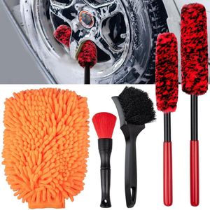 Auto reinigingsset, 5-dlg. Auto reinigingsborstelset voor auto reiniging binnen en buiten incl. velgenborstel bandenborstel binnenreiniging zachte borstel autowashandschoen