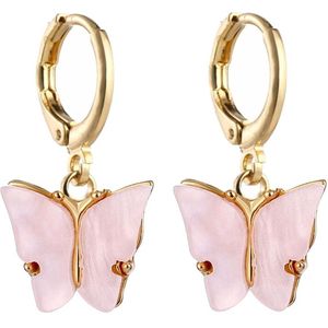 Fako Bijoux® - Minimalistische Oorbellen - Vlinder Met Acryl - Ring Oorbellen - Goudkleurig - Roze