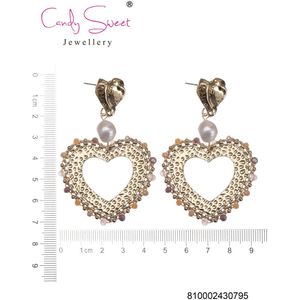 CandySweet Oorbellen met Hart - Set van 2 - Messing - Hypoallergeen en Metaal - Goud, Beige, Bruin en Oranje - 6,5X4,5X0 cm