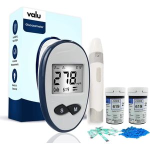 Valu Bloedglucosemeter – Bloedsuikermeter – Digitale Bloedglucose Meter – Incl. Teststrips, Prikhulp & Opbergbox
