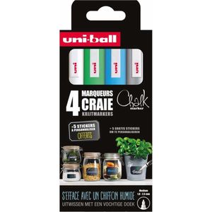 Uni-ball Chalk Markers - Krijtstiften - set van 4 stuks - wit, groen, blauw en zilver - 5x stickers om te personaliseren