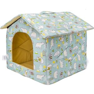 Nobleza Stoffenkattenmandje met dak - Kattenhuis - Opvouwbaar huisje voor katten - Kattenmand met dak - Hondenhok voor binnen - Katoen - Lichtblauw met ijsberen - Maat L