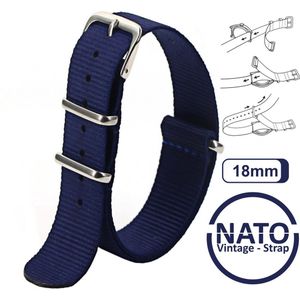 18mm Nato Strap Blauw - Vintage James Bond - Nato Strap collectie - Mannen - Horlogebanden - Blue - 18 mm bandbreedte voor oa. Seiko Rolex Omega Casio en Citizen