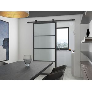 Barnwoodweb Schuifdeur staal en glas 4 vaks melkglas 100x235 - Complete set inclusief schuifdeursysteem en deurgreep