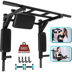 Gran Vida® - Pull-Up Bar Dip Station - 300kg Max Belastbaarheid - Verstelbare Fitnessmachine - Anti-slip Handgrepen - Zwart