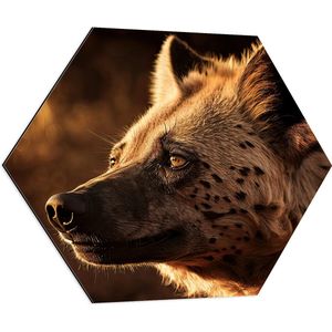 Dibond Hexagon - Hyena in de Morgen Zon in het Landschap - 70x60.9 cm Foto op Hexagon (Met Ophangsysteem)