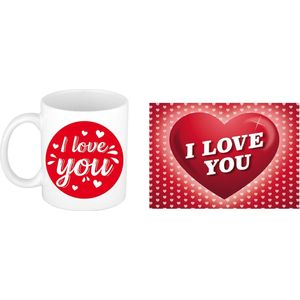 I love you cadeau mok / beker wit cirkel met hartjes 300 ml inclusief Valentijnskaart - Romantisch Valentijnsdag pakket