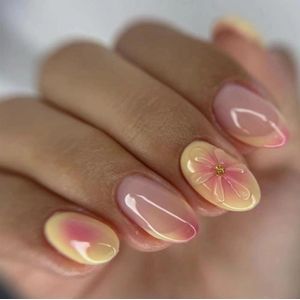Press on Nails Short Almond French Tip - False Nails met Design - 3D Flower Yellow & Pink - Stick on Nails - Gloss Adhesive - Acrylic Nails - 24 Pieces